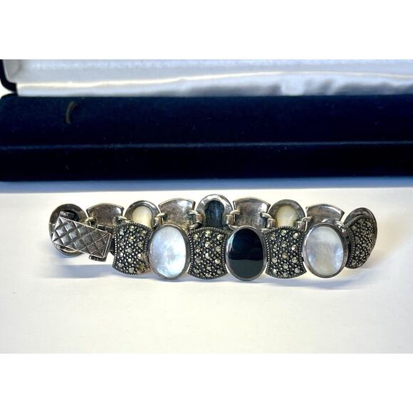 VTG MOTHER OF PEARL & ABALONE SHELL BRACELET Marcasite .925 STERLING SILVER 7” - Picture 1 of 8